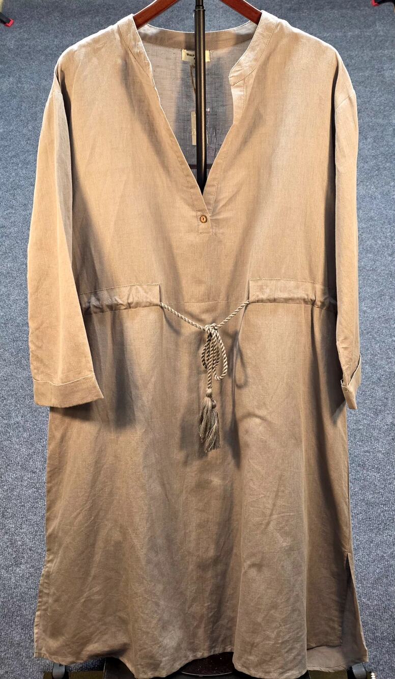 World Market Linen Blend Tunic Dress Gray V-Neck Tassel Rope Tie Kaftan L/XL NWT